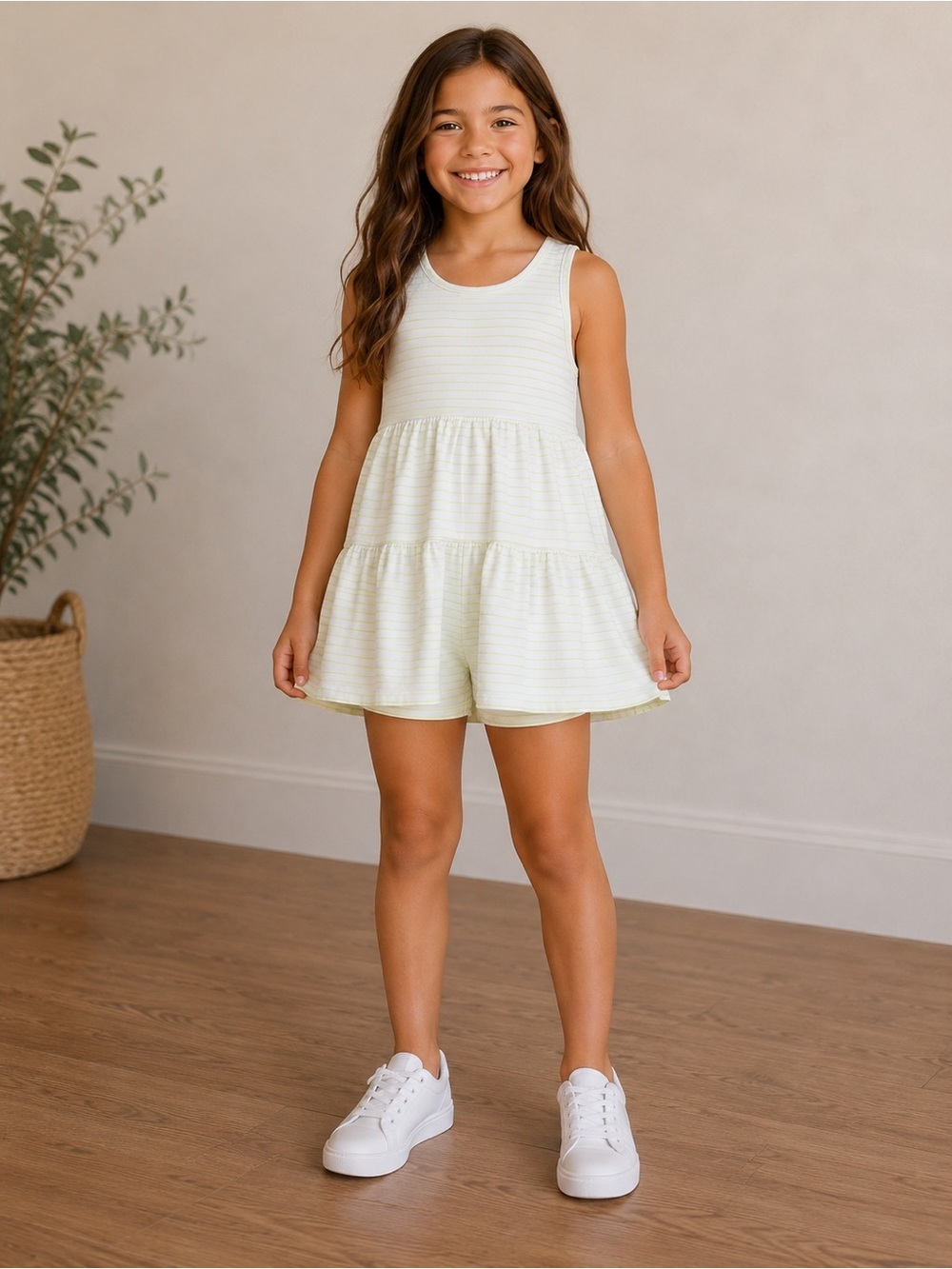 Tucker + Tate •Sleeveless Tiered Romper in Pale Green Stripe
